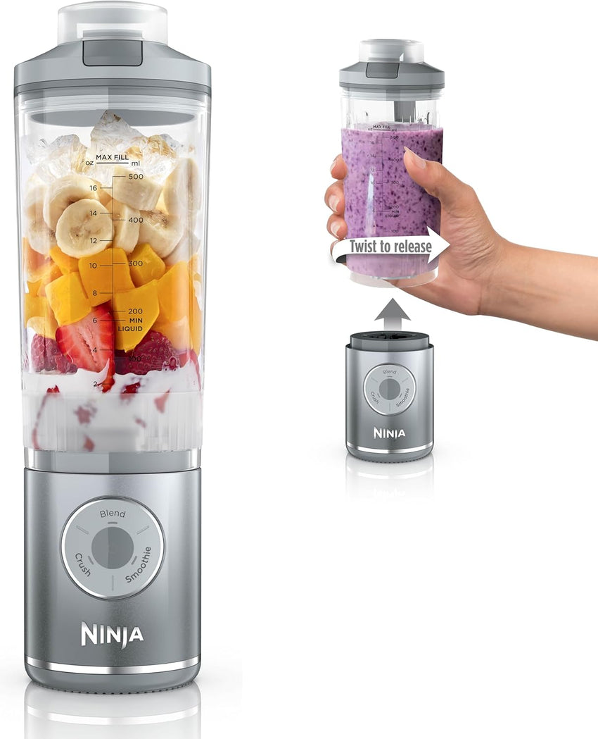 Ninja Blast Max, Portable Blender + Twist & Go, Personal Smoothie, Blend, Ice Crush, 3 Programs, Cordless, 22 oz removable Vessel, Dishwasher Safe, Leakproof, Silver, BC251SL