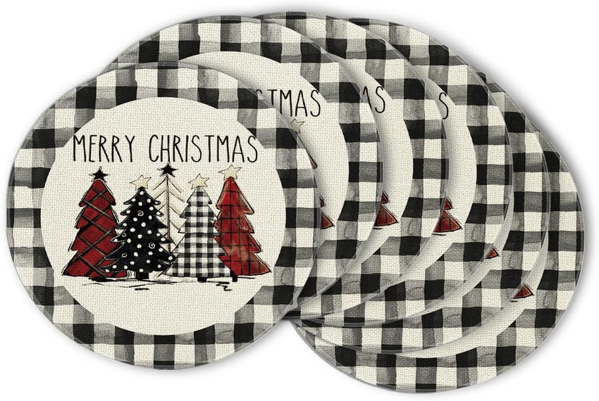 Artoid Mode Waterclor Buffalo Plaid Christmas Trees Placemats Set of 4, 12x18 Inch Winter Table Mats for Outdoor Home Party Kitchen Dining Decor
