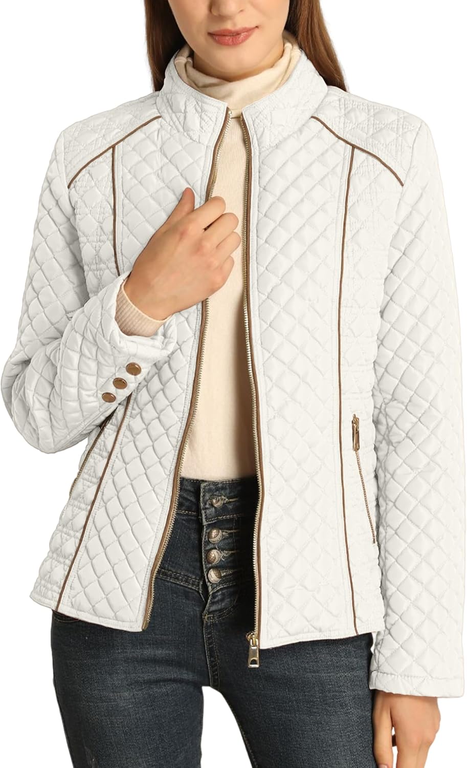 Bellivera Women's Stand Collar Lightweight Quilted Puffer Jacket Padded Zip Coat for Spring and Winter
