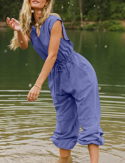 Flygo Womens Casual Jumpsuit Crewneck Cap Sleeve Long Wide Leg Pants One Piece Outfits Drawstring Romper with Pockets(LightGrey-M)