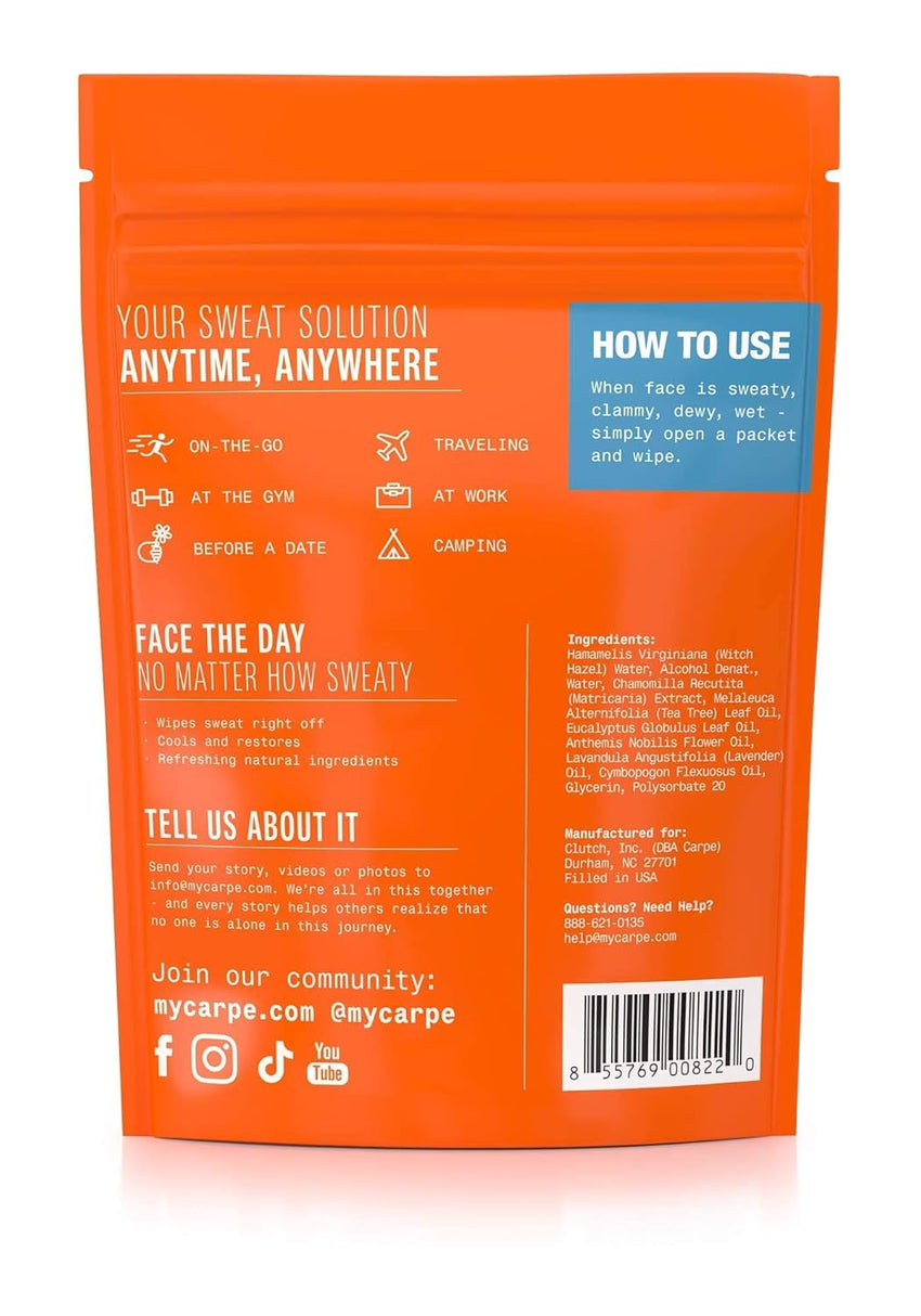 Carpe Sweat Absorbing Face Wipes (15 Facial Wipes). Witch Hazel & Tea Tree Oil Wipes Infused with Eucalyptus. Energizing, Refreshing, and Soothing. Sweat and Oil Control