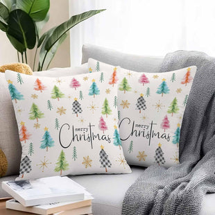 Outdoor Waterproof Throw Pillow Cover, Christmas Xmas Tree Watercolor Decorative Pillows Cushion Covers, Winter Golden Snowflakes Stars 2 Pack Pillow Cases for Patio Garden Balcony Couch Sofa 16x16in