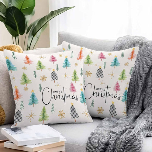 Outdoor Waterproof Throw Pillow Cover, Christmas Xmas Tree Watercolor Decorative Pillows Cushion Covers, Winter Golden Snowflakes Stars 2 Pack Pillow Cases for Patio Garden Balcony Couch Sofa 16x16in