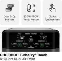 Chefman 6 Quart Dual Basket Air Fryer - Digital Touchscreen, Smart Sync Finish, Hi-Fry, Auto Shutoff, 2 Independent 3QT Nonstick Dishwasher-Safe Frying Baskets - Digital Double Air Fryer - Black