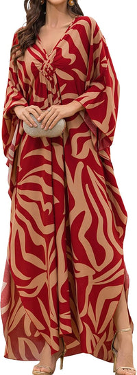 Women Kaftan Dresses Plus Size V-Neck Batwing Sleeves Beach Cover Up 2025 Summer Floral Print Caftan Dress