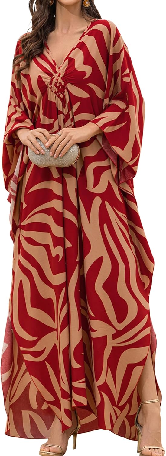 Women Kaftan Dresses Plus Size V-Neck Batwing Sleeves Beach Cover Up 2025 Summer Floral Print Caftan Dress