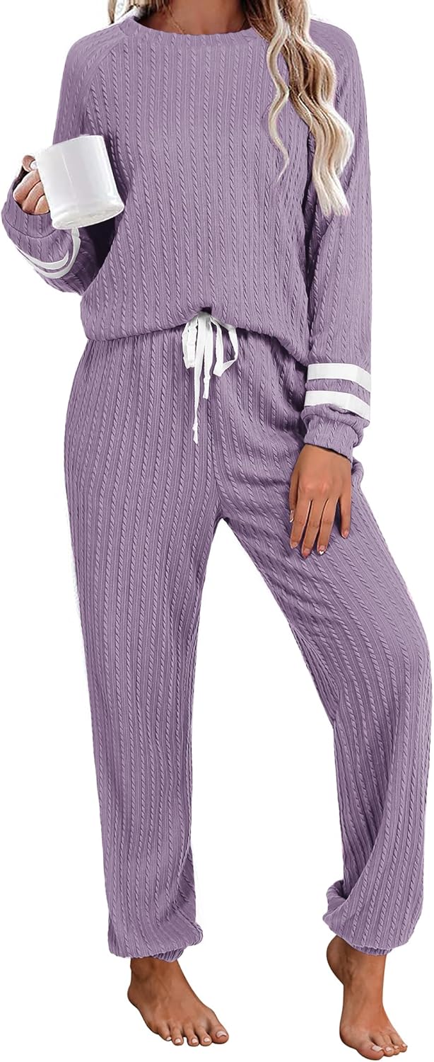 Ekouaer Lounge Sets for Women Ribbed Knit Outfits Pajamas Sets 2 Piece Long Sleeve Sweatsuits with Pockets