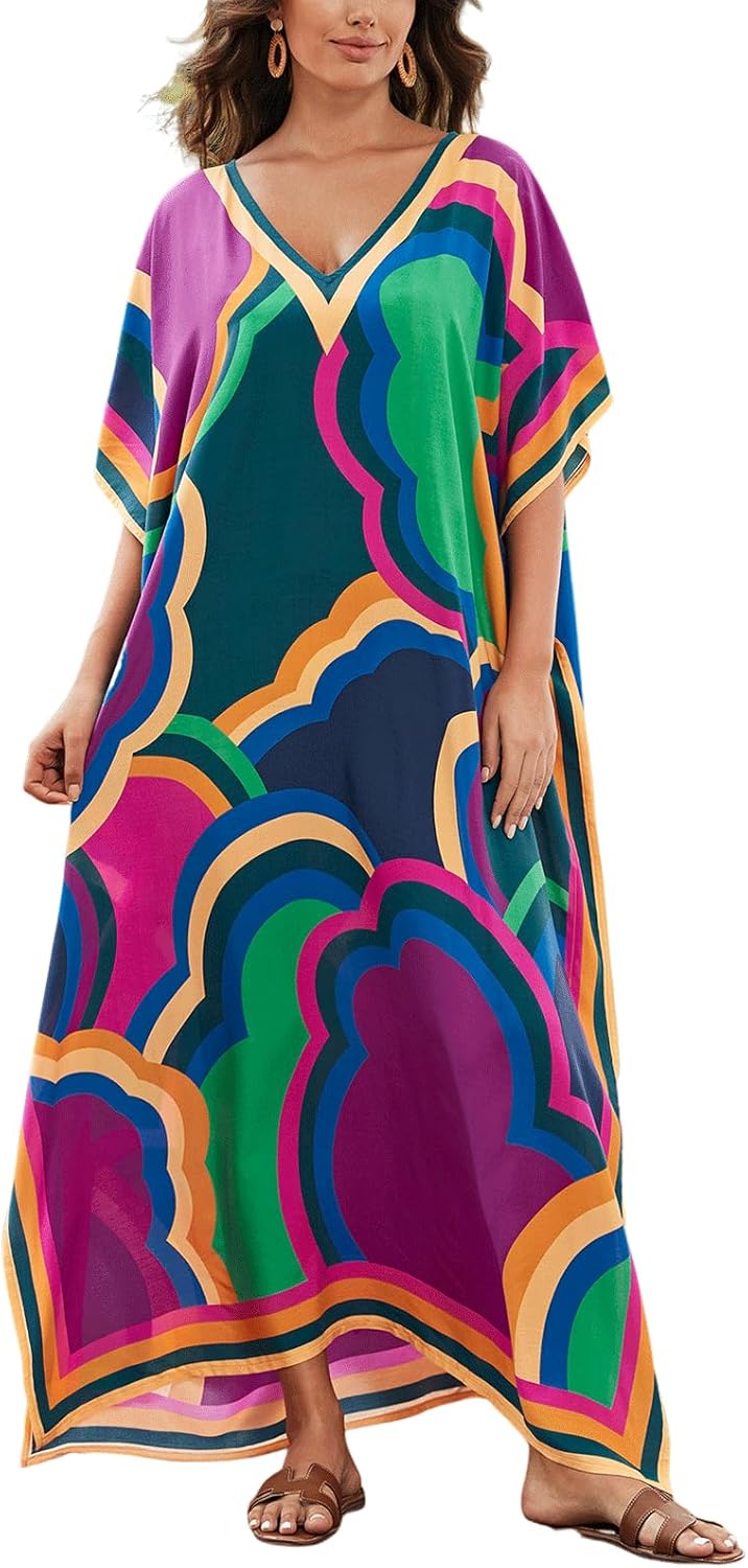Women's Plus Size Loose Fit Moroccan Print V-Neck Batwing Kaftan Beach Dress Bathing Suit Cover Up