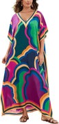 Women's Plus Size Loose Fit Moroccan Print V-Neck Batwing Kaftan Beach Dress Bathing Suit Cover Up
