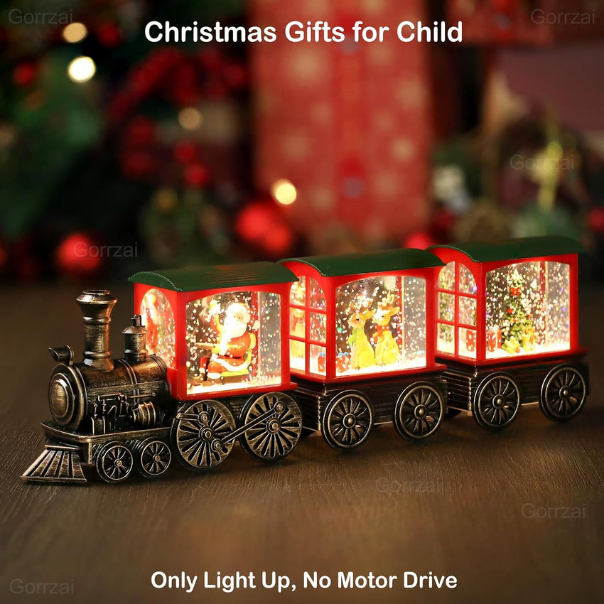 Train Snow Globe Christmas Snow Globe Lantern with Auto 6H Timer and Manual Glitter, Lighted Christmas Decorations Indoor with Santa Claus Reindeer Tree for Home Tabletop, Battery Operated