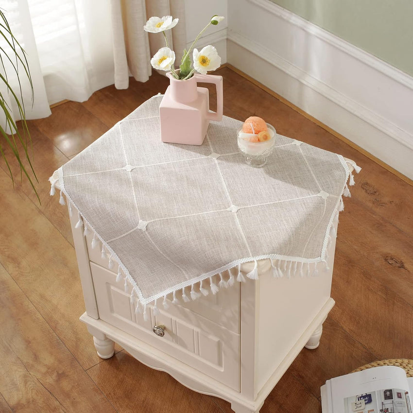 Square Lattice Small Tablecloth Cotton Linen Light Brown Dust-Proof Washable Boho Embroidery Table Cover Rustic Table Cloth for Coffee Party Kitchen Dining Tabletop Decoration 36 x 36 Inch