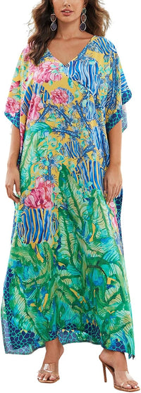 Women's Plus Size Loose Fit Moroccan Print V-Neck Batwing Kaftan Beach Dress Bathing Suit Cover Up