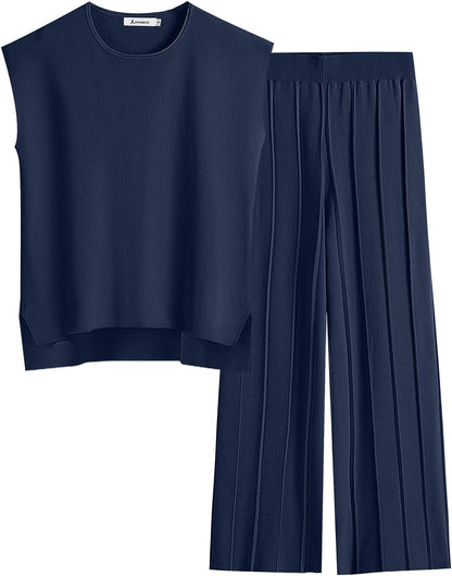 ANRABESS Women 2 Piece Lounge Sets Summer Casual Knit Sweater Vest Pant Set Beach Vacation Airport Clothes 2025 Fall Outfits