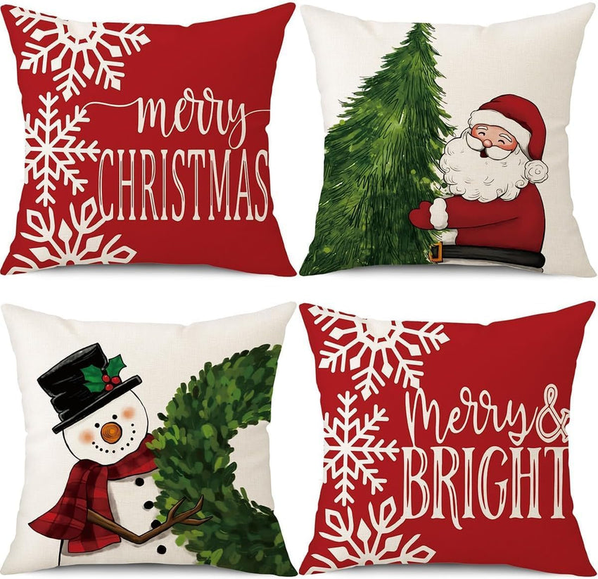 PSDWETS Christmas Pillow Covers 18x18 Set of 4 Christmas Decorations Snowman Deer Tree Winter Holiday Decor Throw Cushion Case for Home Couch