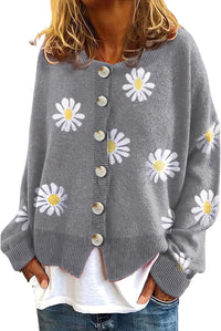 ZOCAVIA Women's Floral Knit Sweaters Cardigan Fall Winter Button Down Open Front Casual Flower Embroidered Cropped Sweaters