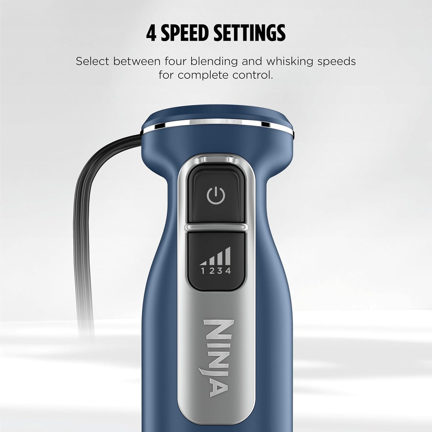Ninja Immersion Blender and Whisk, Hand Stick Blender, 4 Speeds, with SplatterShield and PanProtect, 4-Cup Blending Vessel, Dishwasher Safe, 5-ft Cord, Ergonomic, Deep Navy, CI201ND