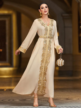 Lace Trim V-Neck Kaftan Dress, Long Sleeve Maxi Dress with Belt, Gold Embroidery Women's Evening Gown