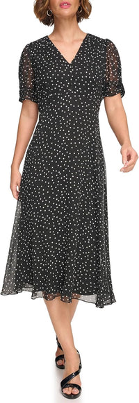 DKNY Women's Short Sleeve Button Front Fit & Flare Midi Dress