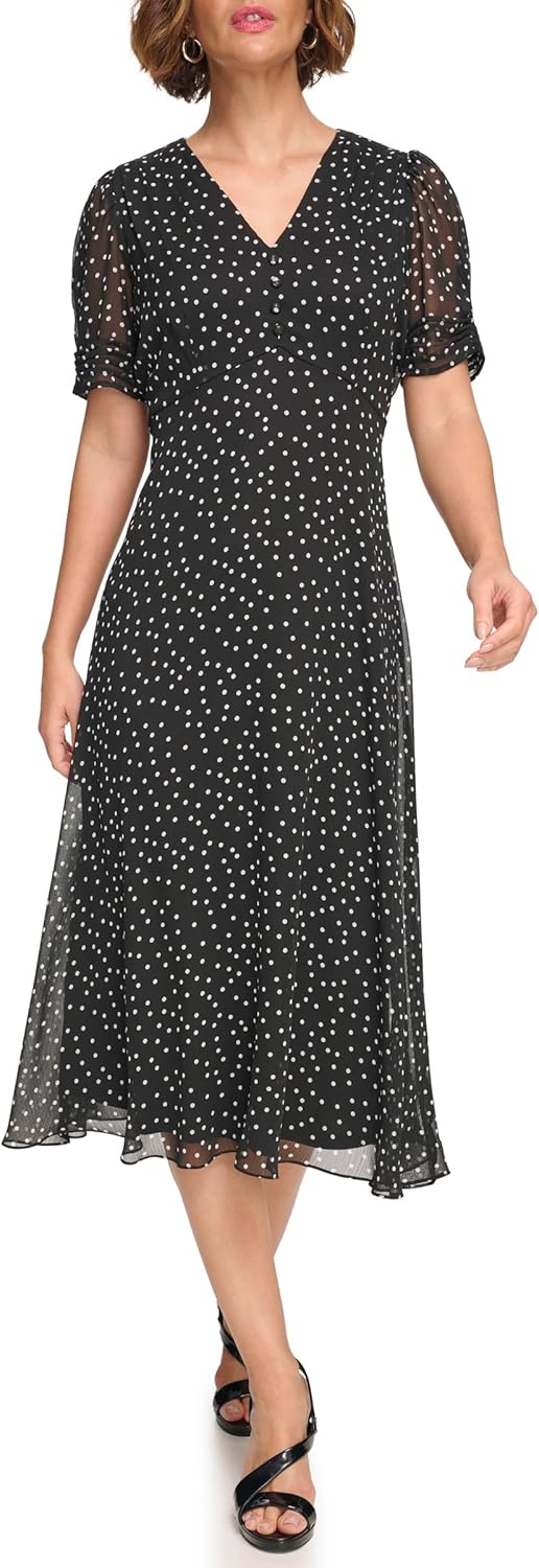 DKNY Women's Short Sleeve Button Front Fit & Flare Midi Dress