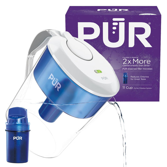 PUR 11-Cup Water Pitcher, 1 Genuine PUR Filter, Cleaner, Great-tasting Water, Dishwasher Safe, Powerful Filtration, Filter Change Light Indicator, LockFit Cap Design - White