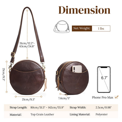 S-ZONE Leather Crossbody Bags for Women Circle Shoulder Round Purse Travel | Top Grain Leather, Keychain, Designer Handbag, Vintage, Multi Pockets, Detachable Strap, Eveyday Outing
