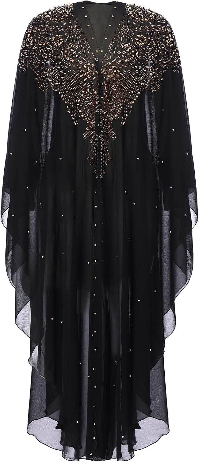 OBEEII Muslim Dress for Women Loose Batwing Sleeved Hooded Beaded Embroidery Long Abaya Dress Kaftan Abayas Islamic Robe
