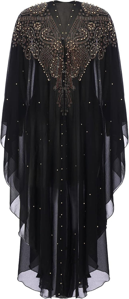 OBEEII Muslim Dress for Women Loose Batwing Sleeved Hooded Beaded Embroidery Long Abaya Dress Kaftan Abayas Islamic Robe