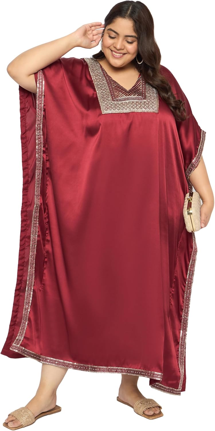 Gypsie Blu Women’s Plus Size Satin Sequin Kaftan Dress with Kimono Sleeves Casual Resort Wear Stylish Loose Fit Evening Dress
