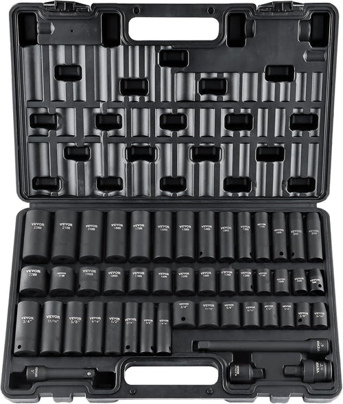 VEVOR Impact Socket Set 3/8" Drive, 48-Piece Standard SAE (5/16 to 3/4 inch) & Metric (8 to 22 mm) Size, Deep & Shallow, 6 Point, CR-V, Extension Bar, Universal Joint, 1/2" F to 3/8" M Reducer