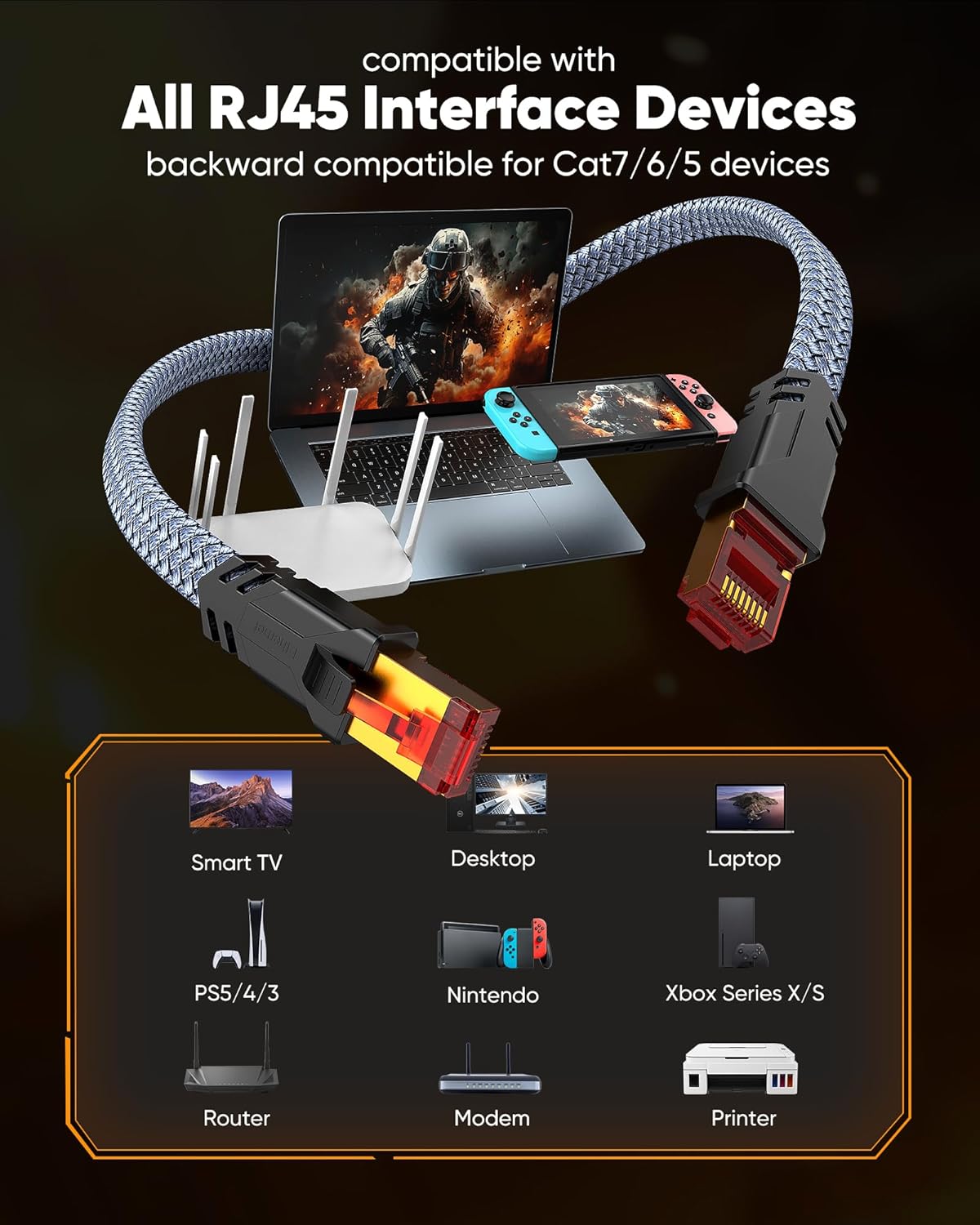 Cat 8 Ethernet Cable 100 FT,Snowkids High Speed 40Gbps,2000Mhz Braided High Duty LAN Cable,Gold Plated RJ45 Connector,S/FTP Shielded Indoor Flat 26AWG Network Cable for Modem/Router/ps-3/4/5/Gaming/PC