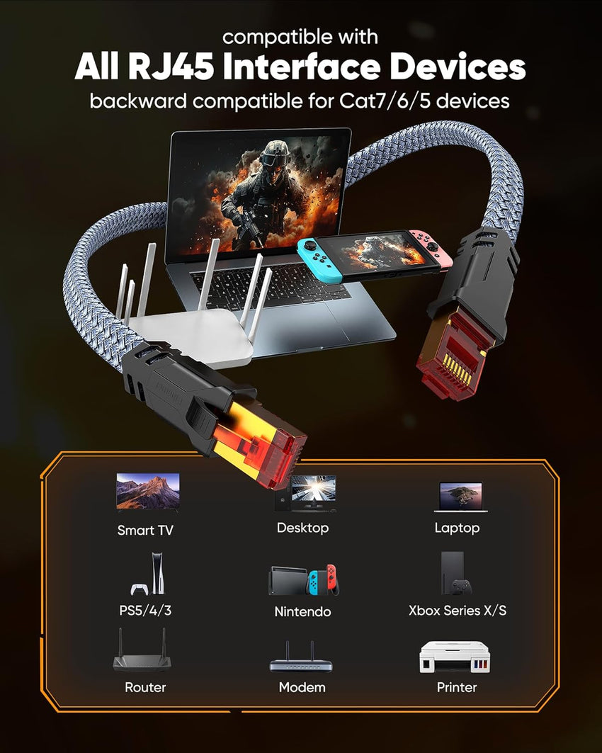 Cat 8 Ethernet Cable 100 FT,Snowkids High Speed 40Gbps,2000Mhz Braided High Duty LAN Cable,Gold Plated RJ45 Connector,S/FTP Shielded Indoor Flat 26AWG Network Cable for Modem/Router/ps-3/4/5/Gaming/PC