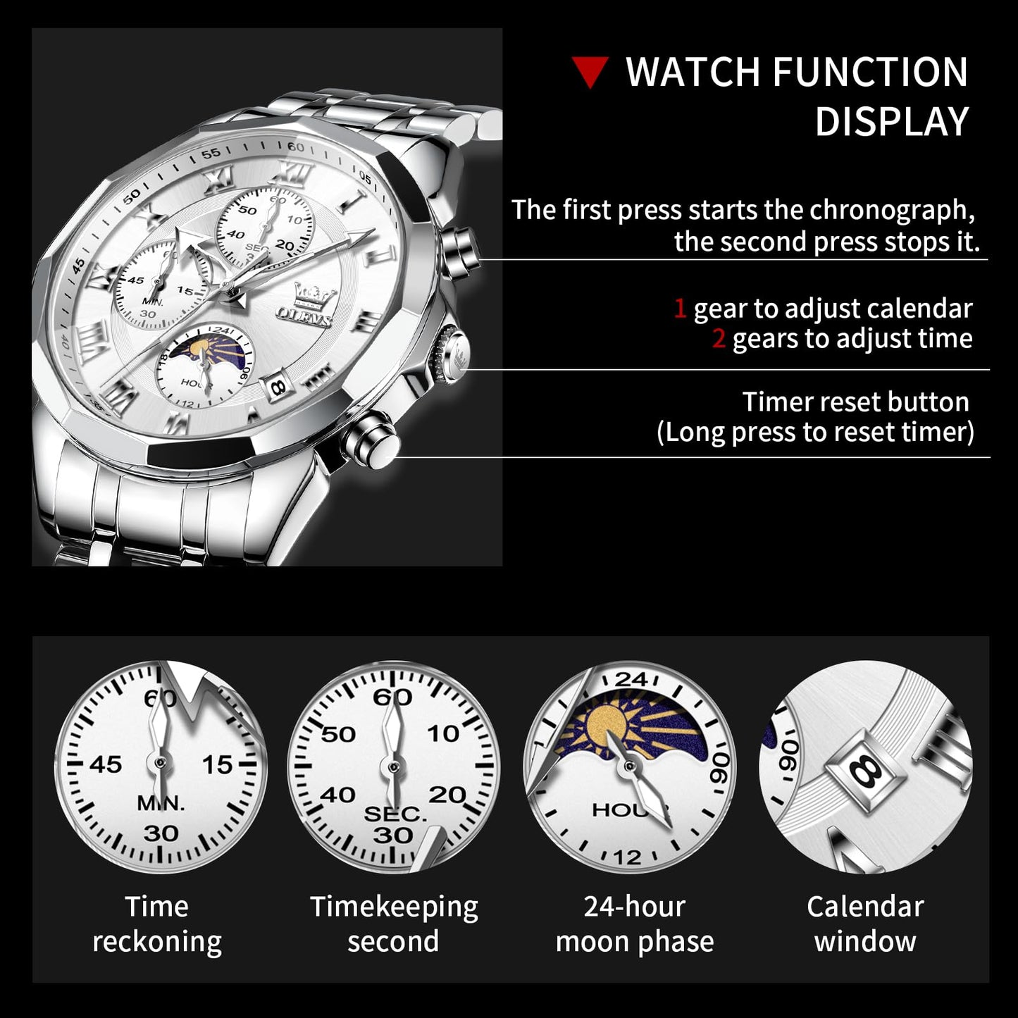 OLEVS Watches Men Luxury Chronograph Moon Phase Waterproof Luminous Watches for Men Analog Quartz Calendar Stainless Steel Strap Wrist Watches-(Black/Blue/Gold/Grey/Silver Face)