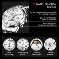 OLEVS Watches Men Luxury Chronograph Moon Phase Waterproof Luminous Watches for Men Analog Quartz Calendar Stainless Steel Strap Wrist Watches-(Black/Blue/Gold/Grey/Silver Face)