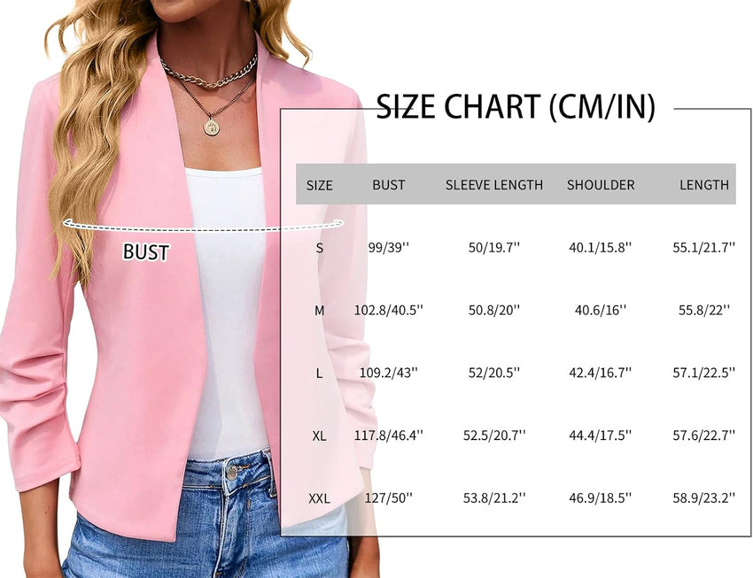 Mina Self 2025 Fall Women's 3/4 Ruched Sleeve Blazer - Cropped Open Front Collarless Casual Light Office Work Jacket Cardigan