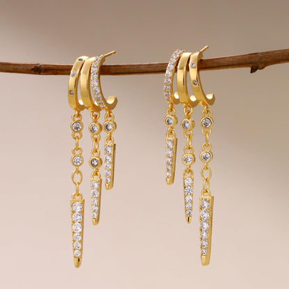 Gold Dangle Earrings for Women, 14k Gold Plated Stacked Triple Hoop Illusion Earrings Cubic Zirconia Huggie Earrings for Women Trendy
