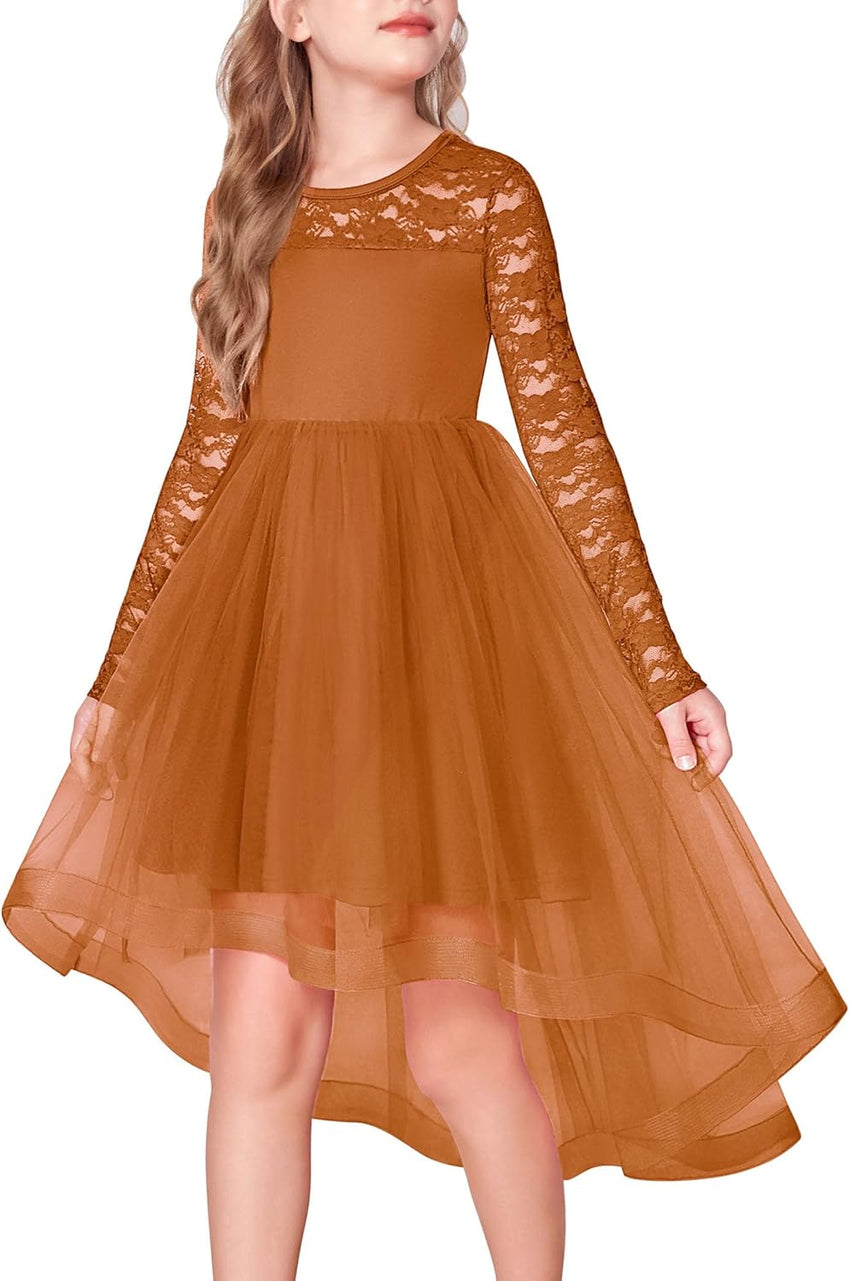 Arshiner Flower Girl Lace Tutu Dresses High Low Hem Long Sleeve Flowy Formal Party Wedding Dress