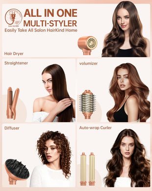 [Dual Voltage] webeauty 6 in 1 Hot Air Styler, High-Speed Negative Ionic Hair Dryer with Auto Curlers, Professional Blow Dryer Brush, Diffuser, Volumizer Multiple Styling, No Heat Damage