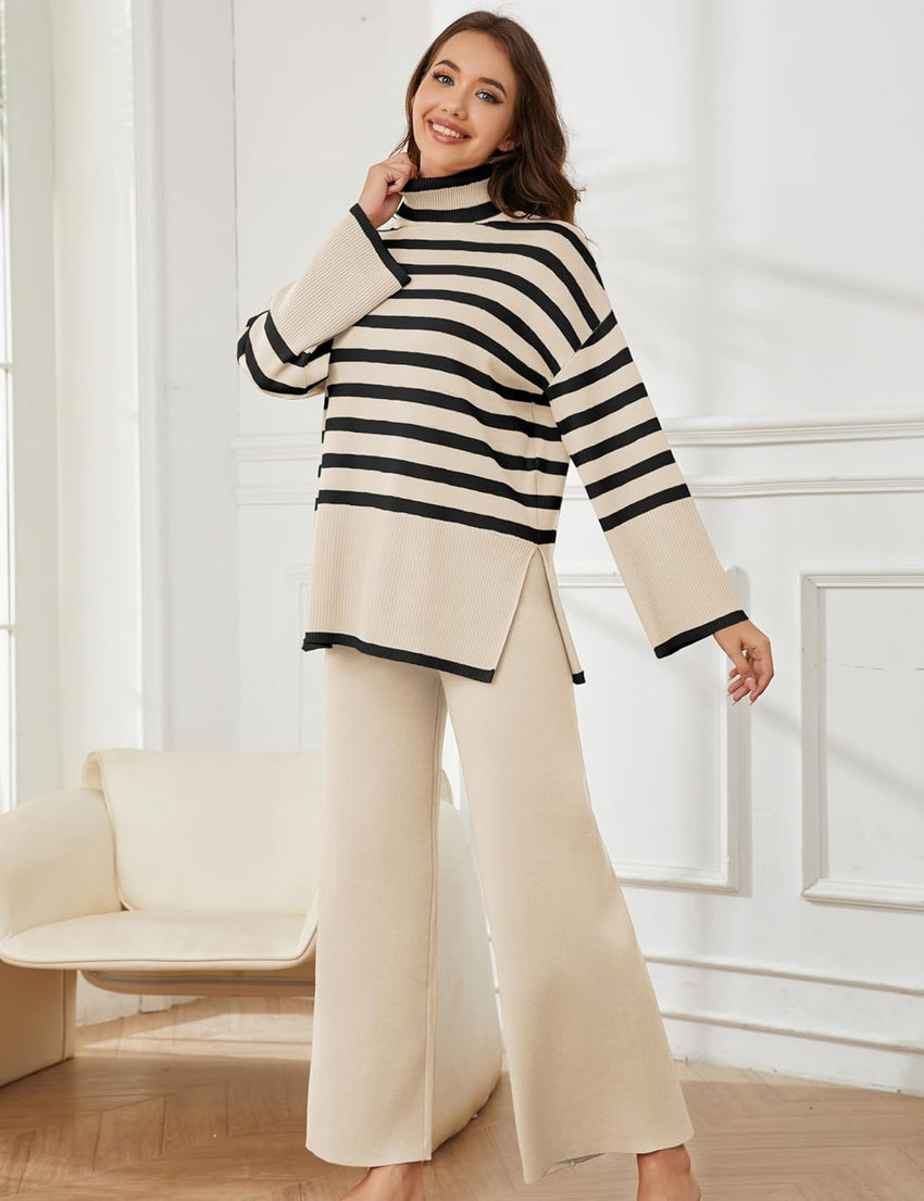 Tanming Women's Sweater Sets Long Sleeve Striped Jumper Tops Casual Knit Wide Leg Pants Sets
