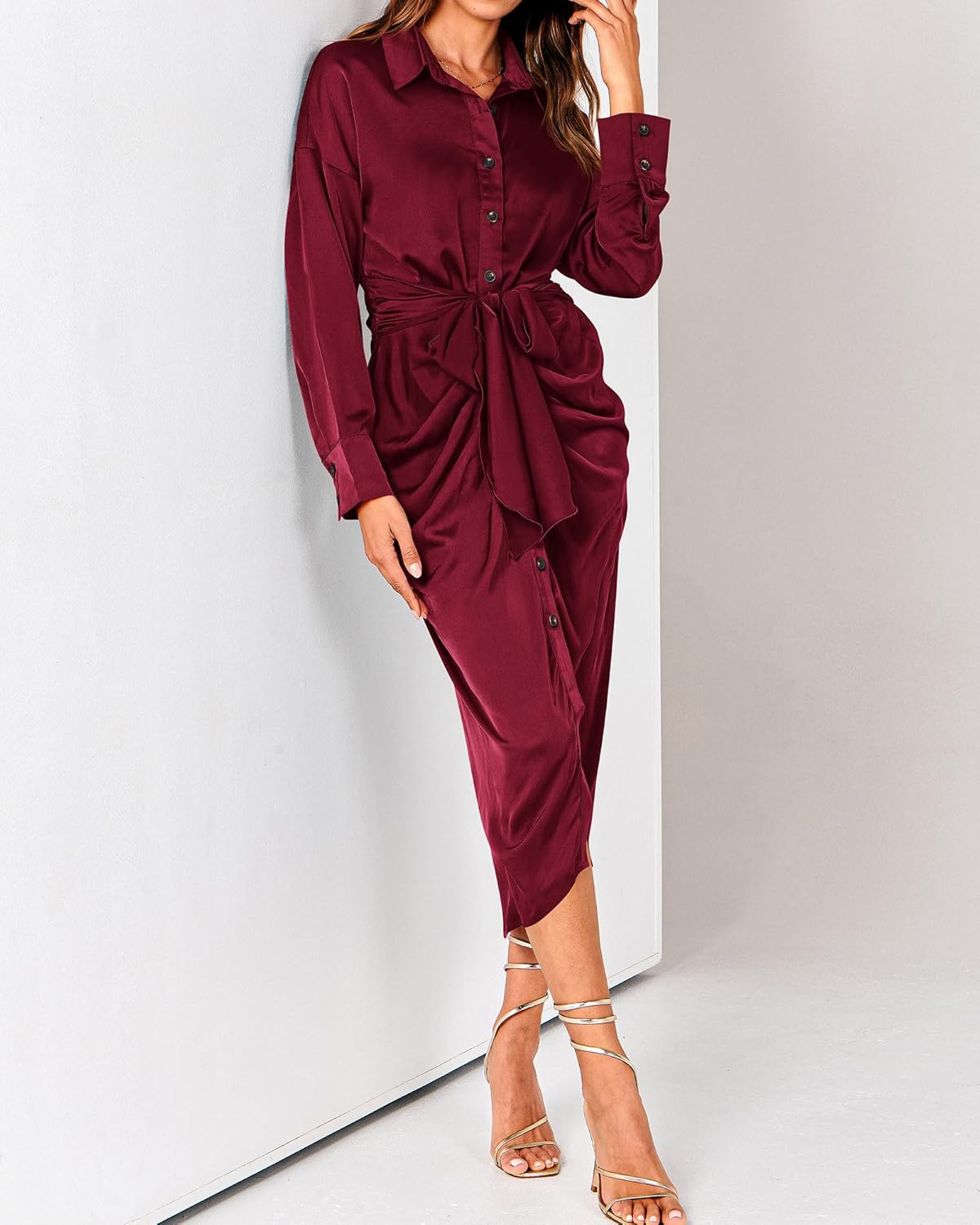 BTFBM Summer Dresses for Women 2025 Long Sleeve Lapel V Neck Button Down Elegant Belted Ruched Satin Shirt Fall Dress