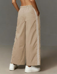 Women Baggy Track Pants Lace Side Stripe Drawstring Elastic Waist Wide Leg Parachute Pants with Pockets