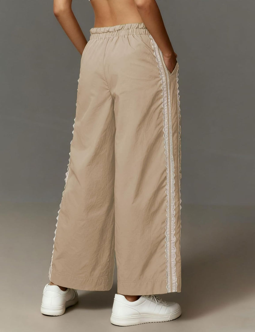 Women Baggy Track Pants Lace Side Stripe Drawstring Elastic Waist Wide Leg Parachute Pants with Pockets
