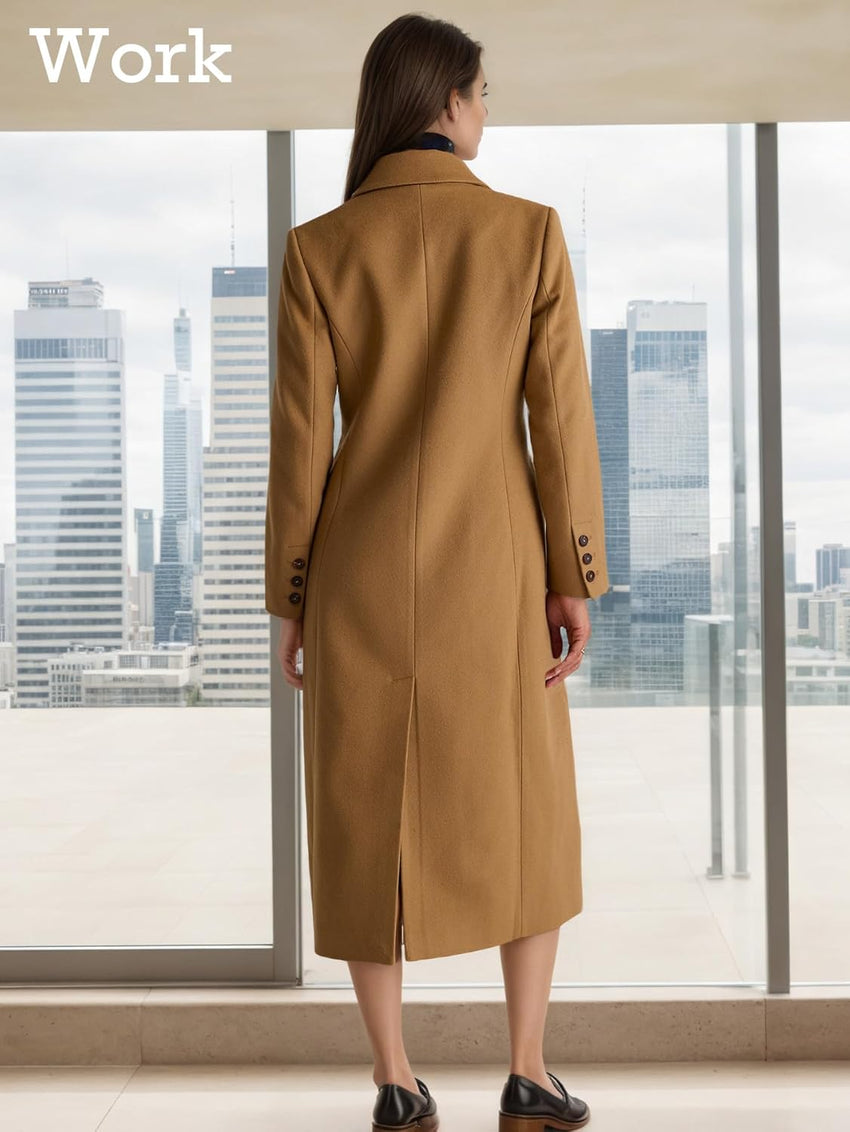 Mina Self Long Wool Coat Women 2025 Fall Winter Notch Lapel Double Breasted Full-Lined Business Casual with Pockets Pea Coats