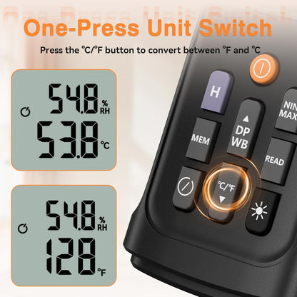 YT606 Temperature Humidity Meter High Precision Digital Hygrometer with Ambient, Relative Humidity, Dew Point, Wet Bulb Thermometer for Indoor Outdoor, Digital Thermometer Min/Max Hold, LCD Backlight