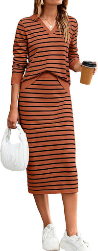 Glamaker Womens 2 Piece Skirt Sets Striped Sweater Dress Casual Polo Neck Knit Long Sleeve Midi Dresses Fall Fashion Outfits