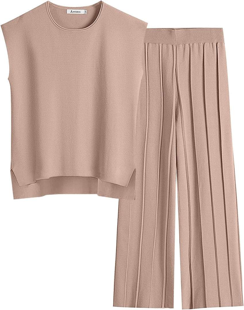 ANRABESS Women 2 Piece Lounge Sets Summer Casual Knit Sweater Vest Pant Set Beach Vacation Airport Clothes 2025 Fall Outfits