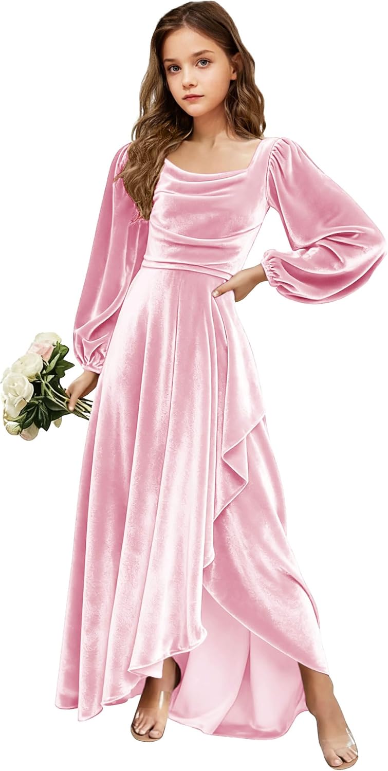 Velvet Junior Bridesmaid Dresses Long Sleeve Girls Christmas Dress Flower Girl Dresses Wedding Guest Maxi Party Gown