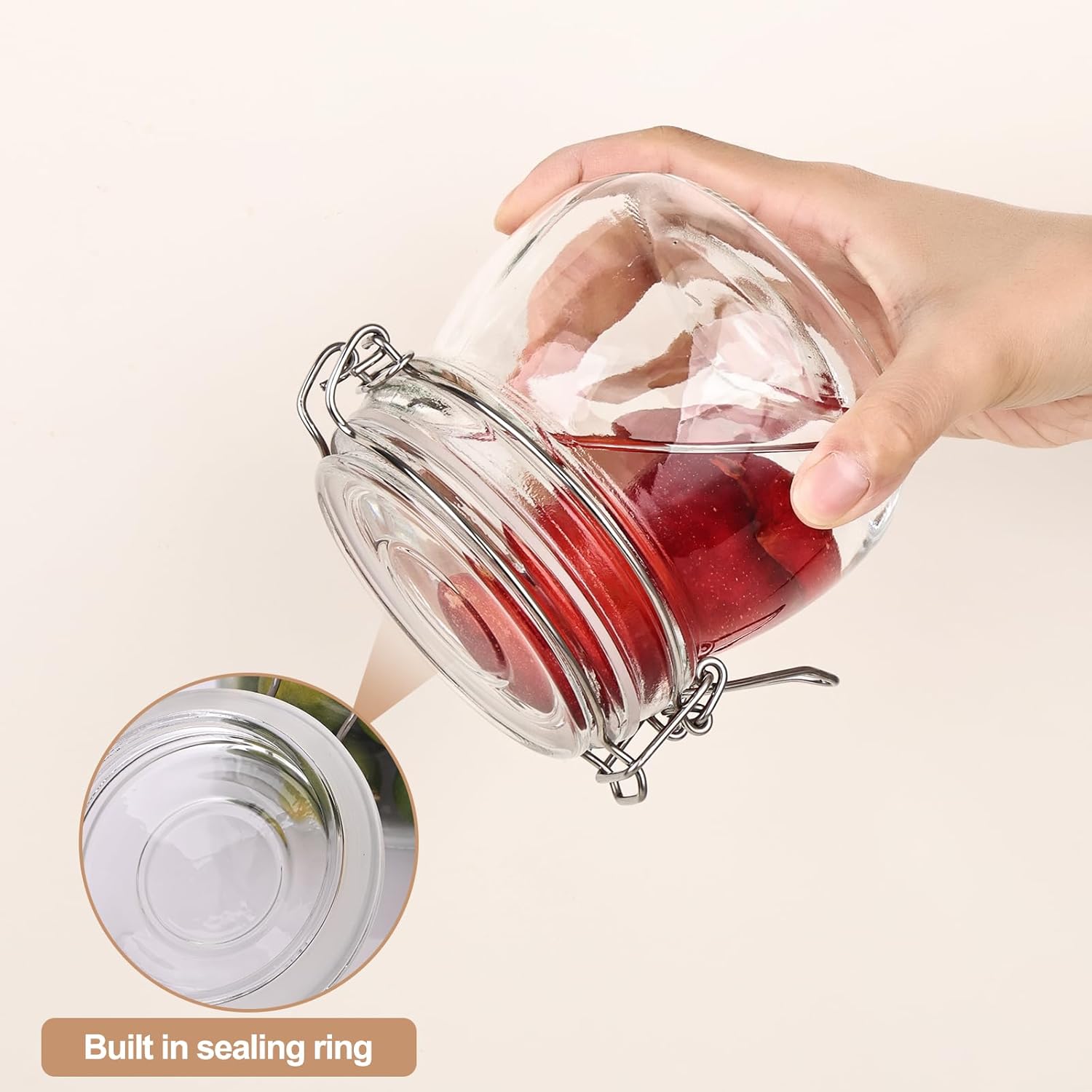 16oz - 6 Pack Round Glass Jars with Airtight Lid, Wide Mouth Mason Jars with Clamp Lids, Air Tight Glass Canisters, Food Storage Containers for Cereal, Pasta, Beans, Sugar, Coffee, Spice