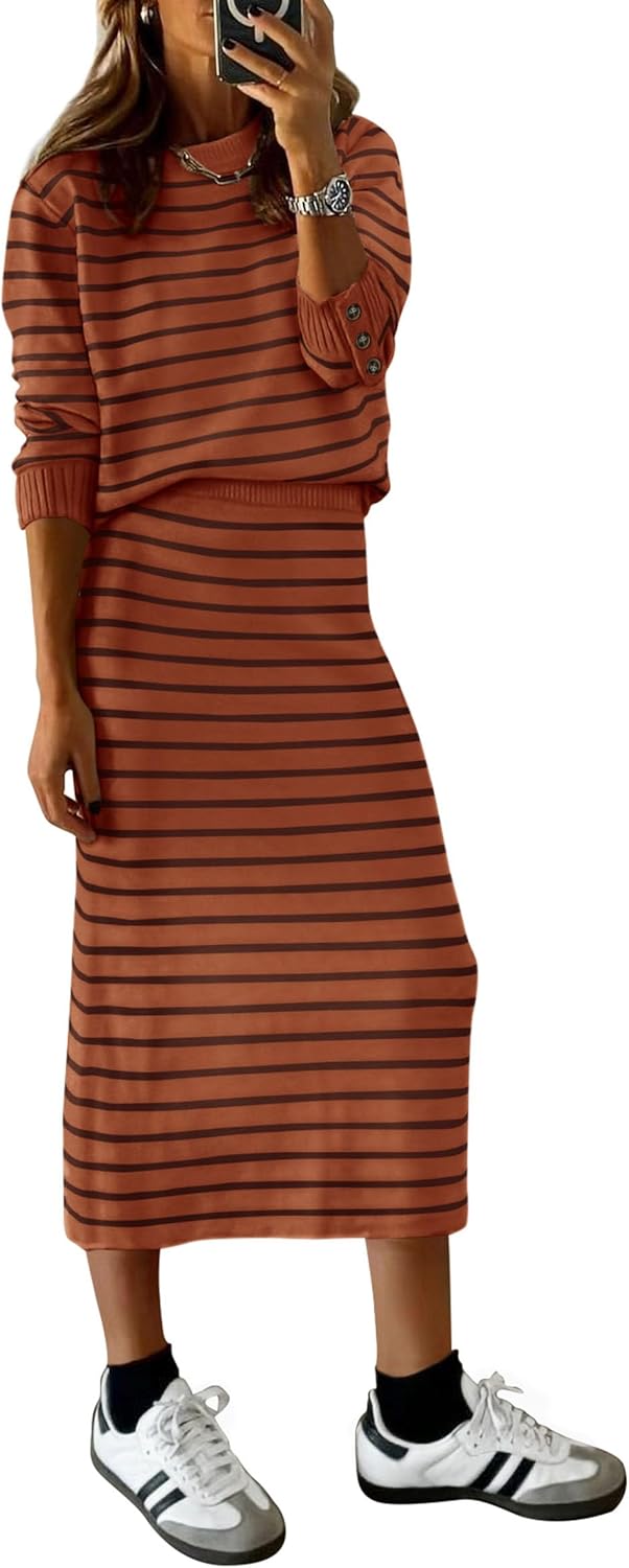 PRETTYGARDEN 2 Piece Skirts Sets For Women Fall Fashion 2025 Striped Sweater Dress Knit Lounge Travel Outfits Winter Clothing