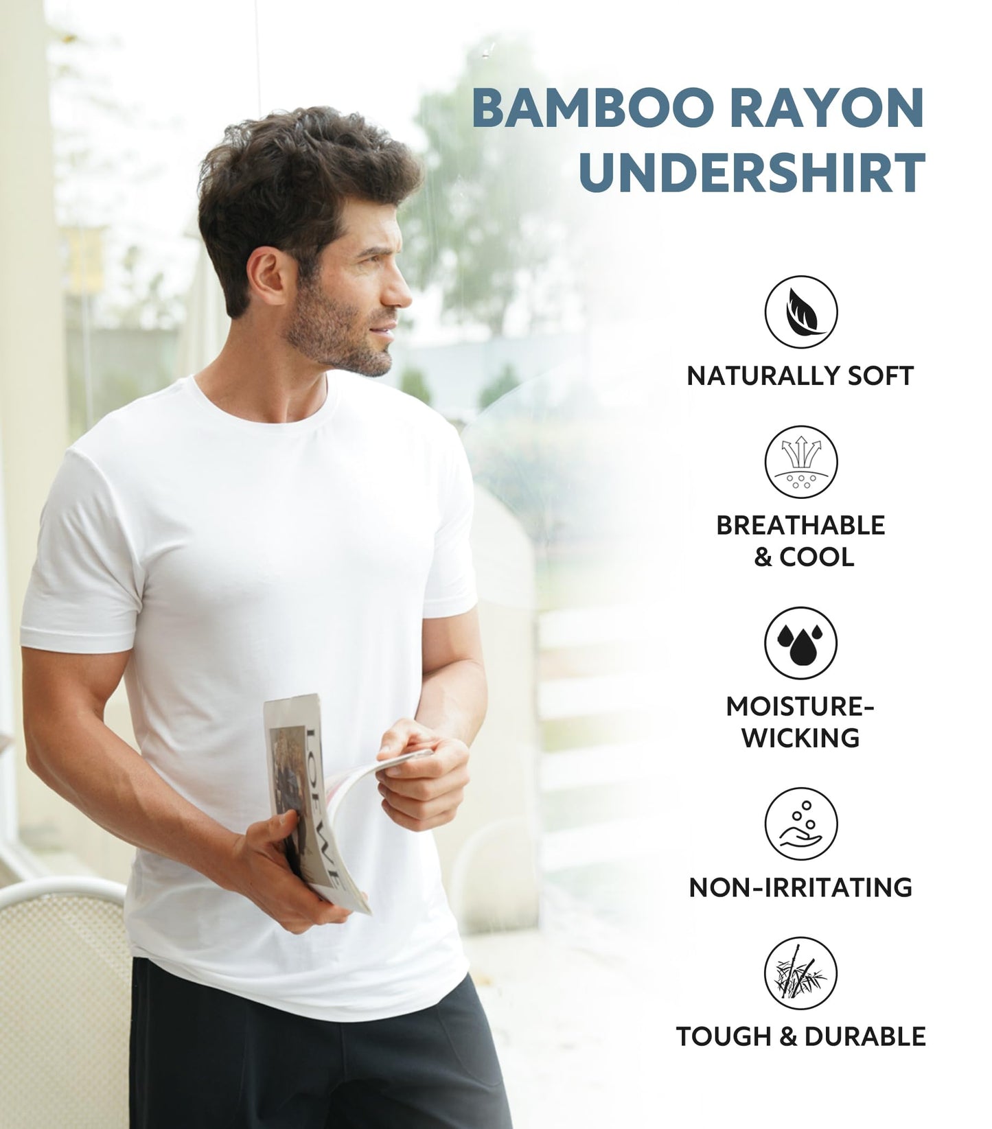 DAVID ARCHY Men's Undershirt Bamboo Rayon Moisture-Wicking Crewneck T-Shirts Stretch Tees for Men, 3 or 5 Pack