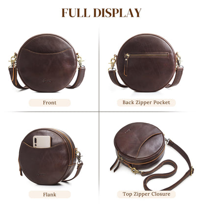 S-ZONE Leather Crossbody Bags for Women Circle Shoulder Round Purse Travel | Top Grain Leather, Keychain, Designer Handbag, Vintage, Multi Pockets, Detachable Strap, Eveyday Outing